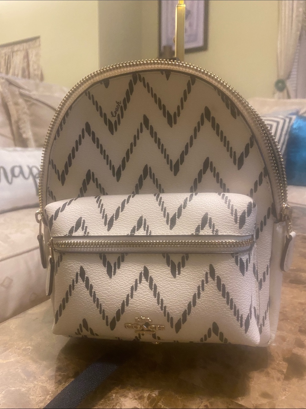Coach White Chevron Mini Backpack with Black Pattern